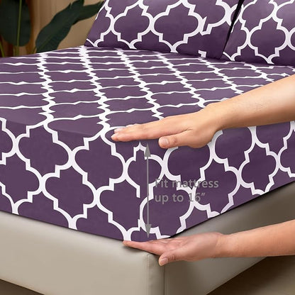 Mejoroom Queen Bed Sheet Set - Super Soft Brushed Microfiber 1800 Thread Count Queen Sheets with 16 inch Deep Pocket - Wrinkle Free - 4 Piece(Queen, Purple Quatrefoil with White Pattern)