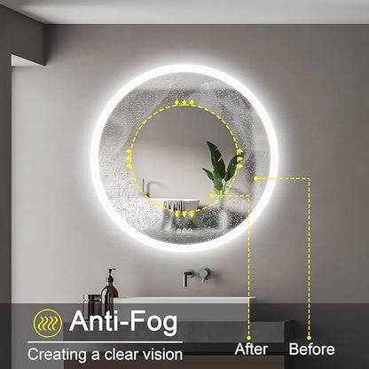 Wall-Mounted LED Round Bathroom Mirror, Makeup Mirror (36inches x36 inches,) 3 Color Stepless Dimmable Memory Bathroom Vanity Mirror with Lights CRI90+ 3000-6400K Smart Mirror with Touch