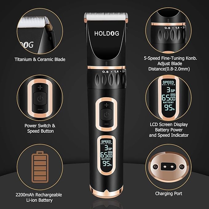 Dog Clippers Professional Heavy Duty Grooming Clipper 3-Speed Low Noise High Power Rechargeable Cordless Pet Tools for Small & Large Dogs Cats Pets with Thick Coats-Mewly Pet