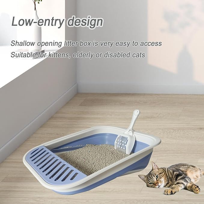 Senior Cat Litter Boxes, Collapsible Open Low Entry Cat Litter Pan with Scoop Travel Kitten Potty Pan Foldable Pet Toilet for Sick Disabled Older Elderly Cats Pink 20.9x15.7x5.7 inch-Mewly Pet
