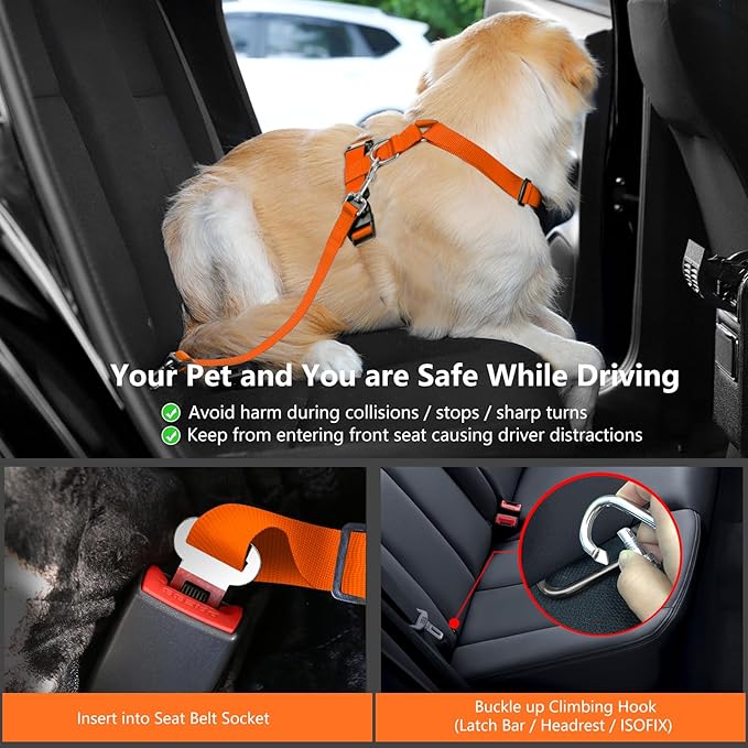 Dog Seat Belt, Safety Vest Dog Car Harness with Adjustable Buckle Dog Seat Belt for Vehicle Nylon Pet Safety Seat Belts Heavy Duty(M, Orange)-Mewly Pet