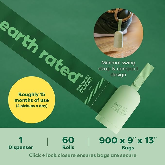 Earth Rated Dog Poop Bag Holder, Durable and Guaranteed Leakproof, Unscented, 1 Dispenser and 900 Bags-Mewly Pet
