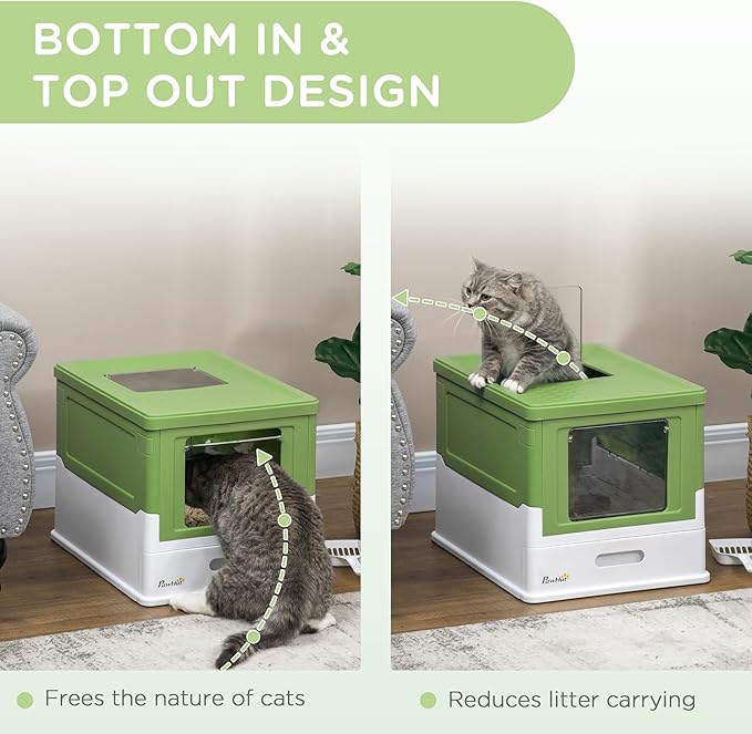 PawHut Fully Enclosed Cat Litter Box with Scoop, Hooded Cat Litter House with Drawer Type Tray, Foldable Smell Proof Potty with Front Entry, Top Exit, Large Space, Yellowish Green-Mewly Pet
