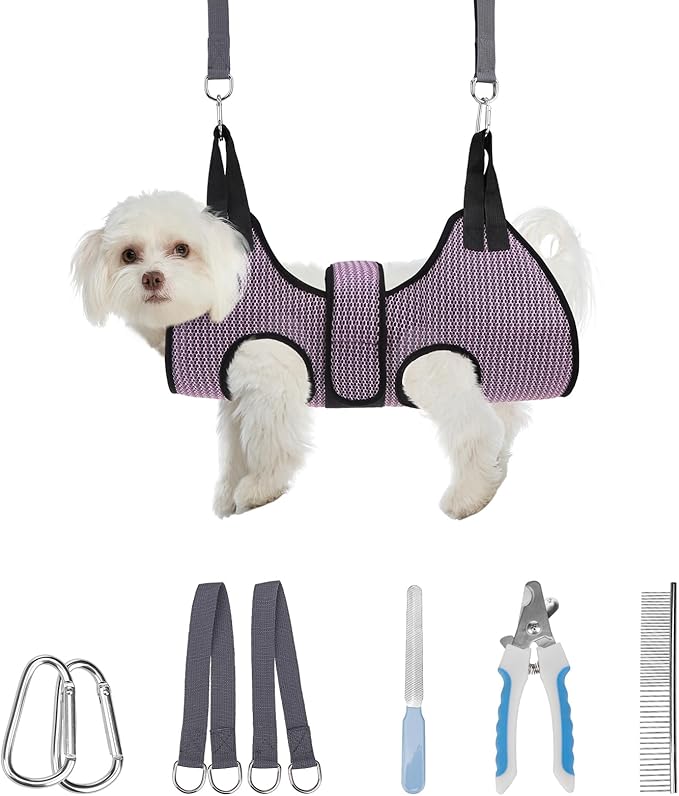 PAWCHIE Dog Grooming Hammock Harness for Dogs & Cats with Pet Nail Clipper Trimmer- Breathable Cat Hanger Sling for Trimming Clipping Nails-Dog Hammock Restraint Bag for Small Medium Large Dog,Pink XS-Mewly Pet