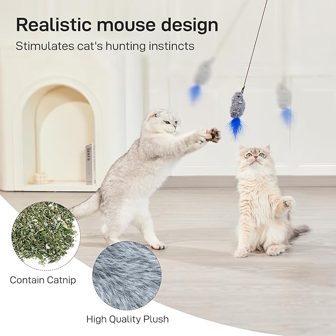 Potaroma Hanging Cat Mice Toys 3 Pcs with Squeaky Sound, Interactive Cat Teaser Retractable, Cat Toys Indoor Kitten Play Chase Exercise, Mental Physical Stimulation-Mewly Pet