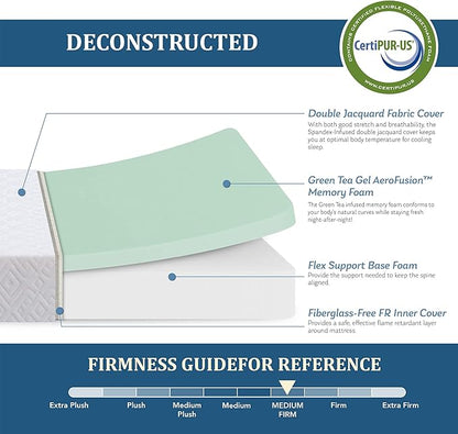 EGO White 5 Inch Twin Memory Foam, Gel Green Tea Bed in a Box, CertiPUR-US Certified, Kids Mattress for Bunk Bed, 36"×73", Medium Firm