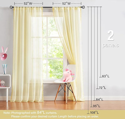 Treatmentex Pompom Sheer Yellow Curtains for Living Room Bedroom Nursery Room 72 inch Long Linen Texture Curtain Drapes for Kids Room 2 Panels Rod Pocket