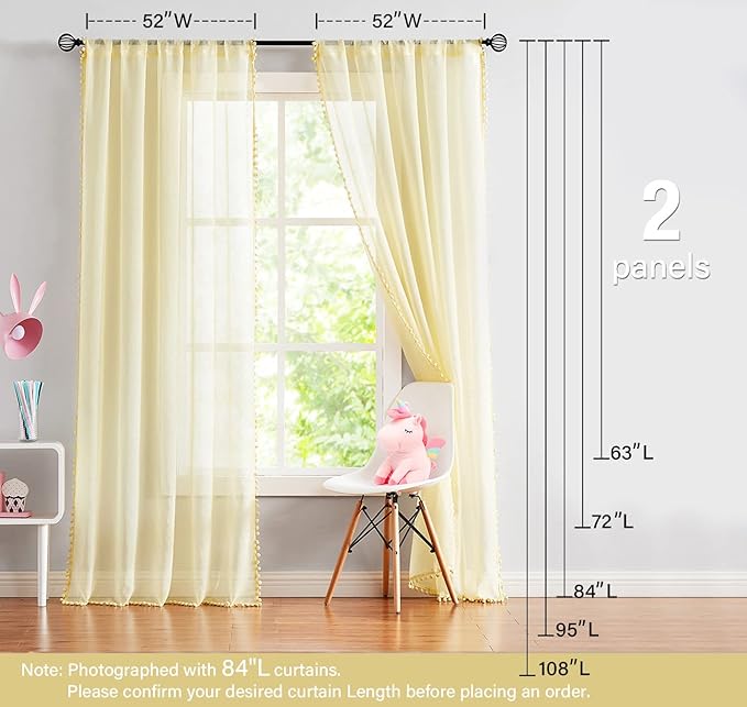 Treatmentex Yellow Sheer Curtains for Living Room 95" Linen Texture Pom Pom Trimmed Voile Drapes for Children's Room 2 Panels
