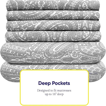 Cal King Size Bed Sheets - 6 Piece 1500 Supreme Collection Fine Brushed Microfiber Deep Pocket California King Sheet Set Bedding - 2 Extra Pillow Cases, Great Value, California King, Paisley Gray