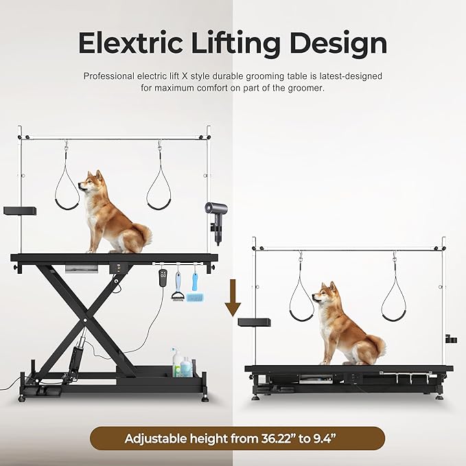 Electric Pet Grooming Table for Large Dogs - Professional Heavy Duty Height Adjustable Pet Grooming Station with Anti Slip Tabletop, Two Nooses & Tool Organizer, Maximum Capacity Up to 250 lbs Black-Mewly Pet