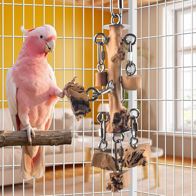 Bird Toys for Parrots, Durable Wooden Large Birds Toy with Stainless Steel, Hanging Natural Chew Hardwood Blocks for Macaws, African Greys, Amazon Parrot, Cockatoos and Small Medium Parakeets-Mewly Pet