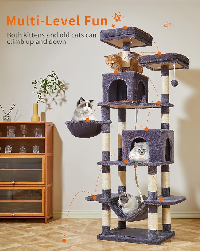 Taoqimiao Cat Tree, 71.7-Inch Cat Tower for Indoor Cats, Plush Multi-Level Cat Condo with 13 Scratching Posts, 2 Perches, 2 Caves, Hammock, 2 Pompoms,Smoky Gray MS013LG-Mewly Pet
