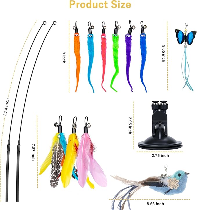 Cat Feather Toys, 14PCS With 2 Slots Super Suction Cup, Detachable 2PCS Wand & 11PCS Replacement Teaser Refills With Bell, Interactive Toy for Indoor Cats Kitten Play Exercise-Mewly Pet
