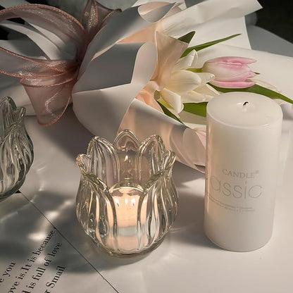 Tulip Votive Candle Holders Set of 12, Tea Light Candle Holder Glass for Table Centerpiece, Tealight Candle Holders for Wedding Déco, Birthday, Anniversary, Parties, and Holiday (Clear)