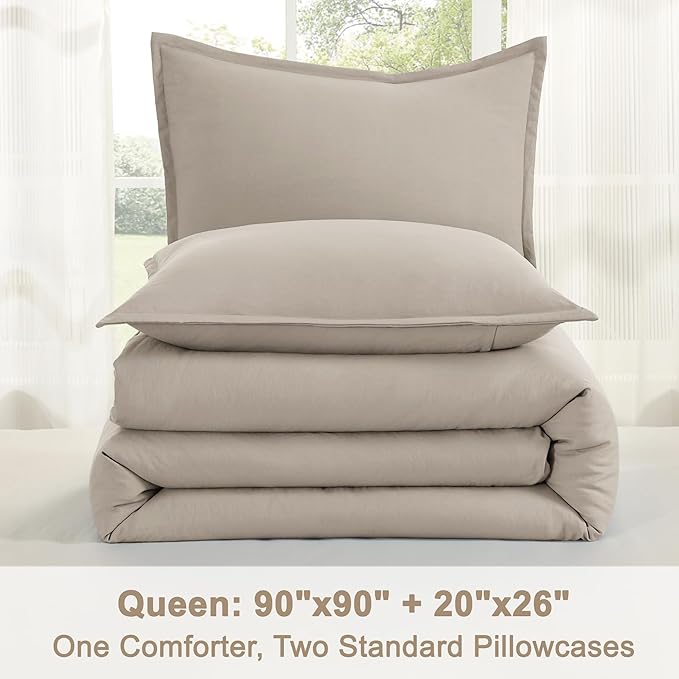 Litanika Oatmeal Comforter Queen Size, 3 Pieces Lightweight Solid Bedding Comforter Set, All Season Fluffy Bed Set (90x90In Comforter & 2 Pillowcases)