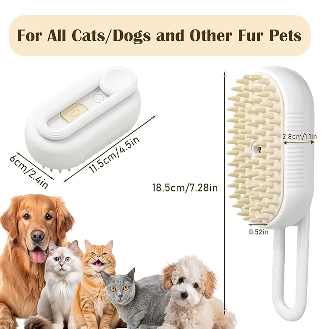 Cat Steam Brush, 3 in 1 Pet Spray Hair Removal Comb, Cats and Dogs Brush for Shedding, Rechargeable Silicone Pet Steam Brushes, Spritz Defur Comb for Massage, Cleaning and Remove Loose Hair - White-Mewly Pet