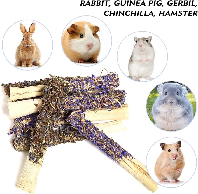 Abizoo Sweet Bamboo Rabbit Chew Sticks Treats and Toys 8Pcs Natural Hay with Forget-Me-Not Lavender for Bunny Guinea Pig Chinchilla Dental Care-Mewly Pet