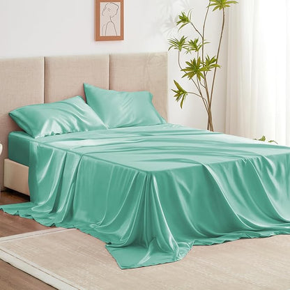 Love's cabin California King Satin Sheet Sets - 4 Piece Aqua Silky Sheets Bed Set with Deep Pocket, Luxury Silk Feel Satin Cal King Sheet Set (1 Flat Sheet,1 Fitted Sheet,2 Pillow Cases)
