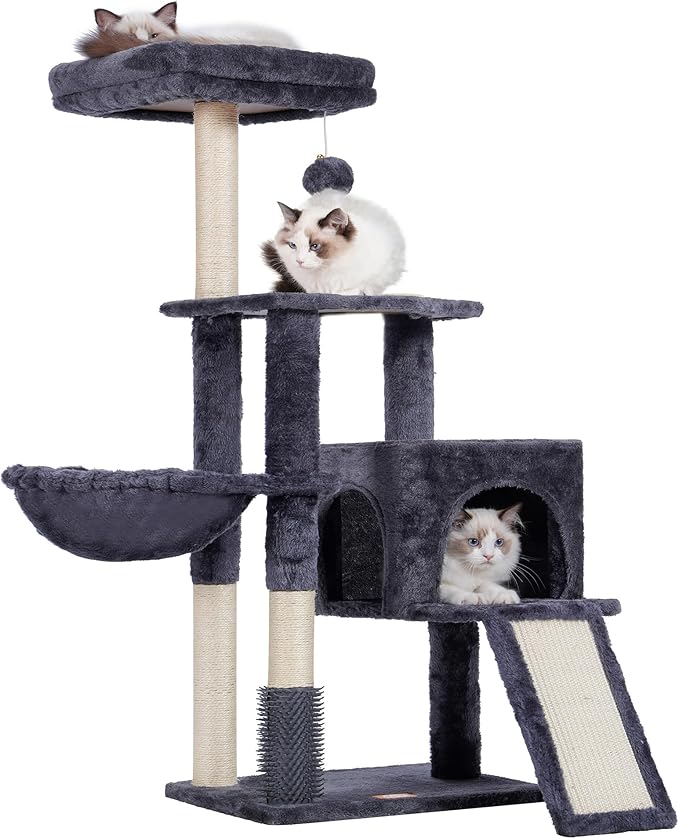 Heybly Cat Tree with Cat Self Groomer Brush, Cat Tower Condo for Indoor Cats with Padded Plush Perch, Cat House with Basket Scratching Board Post, Smoky Gray HCT005SG-Mewly Pet