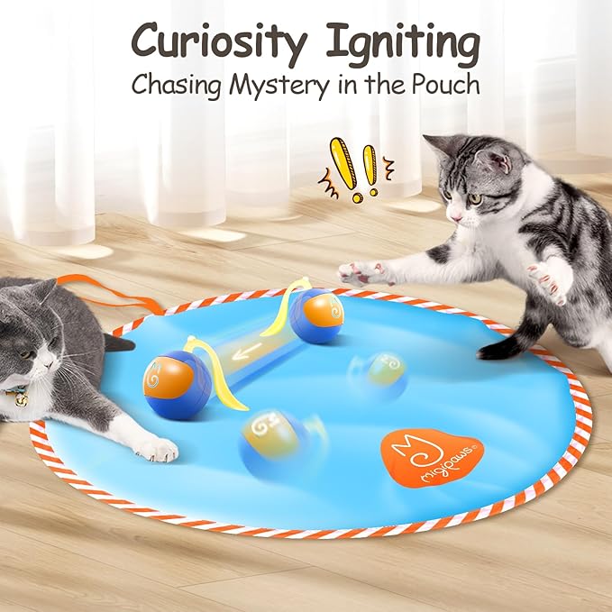 Migipaws Interactive Cat Ball Toy Set, Fun Tracker, Glowing Chase Ball with MystiChaser Pouch, Fluffy Tail, A Small Mice(Blue)-Mewly Pet