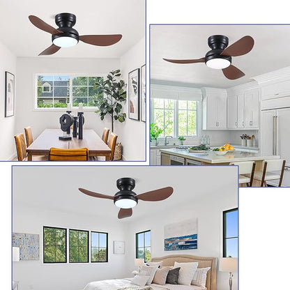 36 Inch Modern Ceiling Fans with Lights, Small Flush Mount Ceiling Fan with Light and Remote/APP Control, 3 Reversible 6 Speeds Curved Blades, 3 CCT Dimmable Lights for Bedroom, Brown