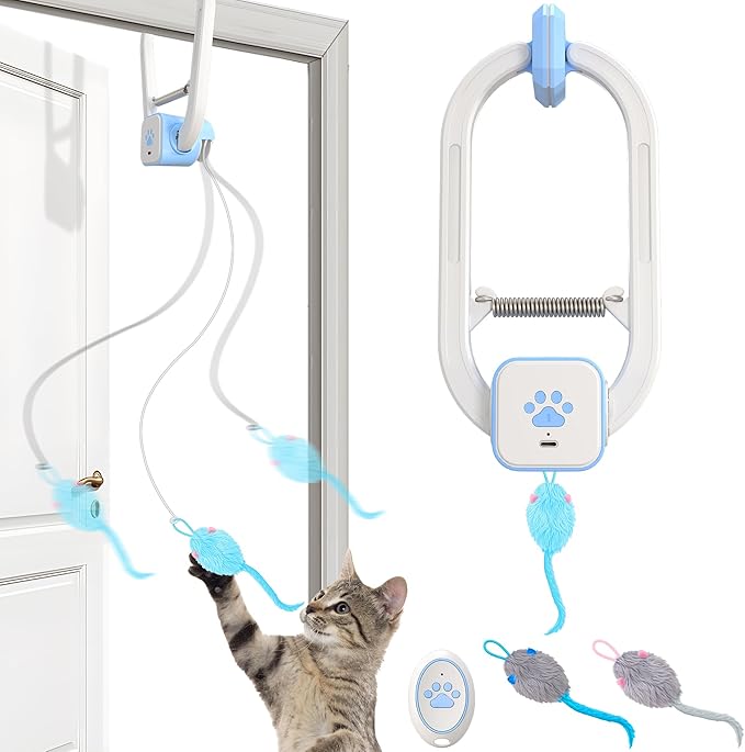 Cat Toy, Upgraded Smart Interactive Cat Toys with Remote Control, USB Rechargeable Door Hanging Retractable Kitten Toy for Self Play, Teaser Electronic Feather Cat String with 3 Plush Mice-Mewly Pet