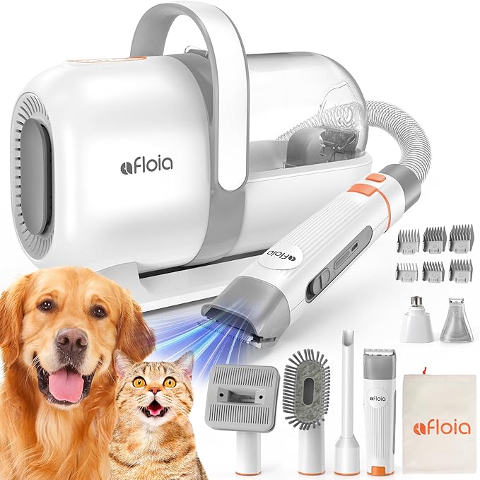 Afloia 6-in-1 Dog Grooming Kit, Pet Grooming Vacuum for Shedding, Dog Hair Vacuum with Clipper Nail Trimmer Grinder, Pet Brush Groomer at Home, Low Noise Cats Hair Remover, 1.5L Dust Cup, White-Mewly Pet