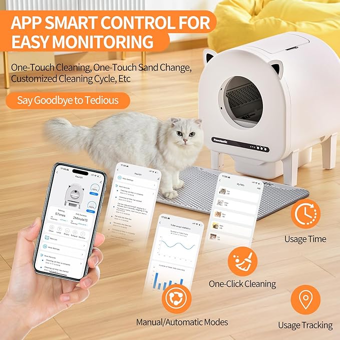 Self Cleaning Litter Box, 68 L Automatic Cat Litter Box for Multiple Cats, Robot with Dual Safety Protection, APP Control, Odor Removal Smart Litter Boxes, 2 Roll Trash Bags-Mewly Pet