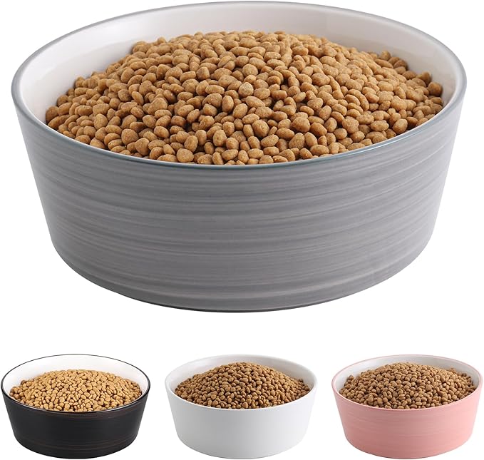 Grey White Dog Bowl Ceramic for Medium Large Breed, Heavy Weighted Dog Food Water Feeder Dish, 8 in Non - Slip Modern Cute Extra Big Porcelain Pet Bowl Maze Wide Mouth-Mewly Pet