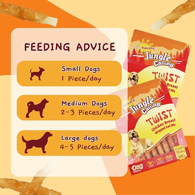 Jungle Calling Rawhide Free Treats for Dogs, Chicken Wrapped Cod Sticks Dog Treats, Soft Chewy Snacks for Training Rewards, 10.6 oz (Chicken)-Mewly Pet