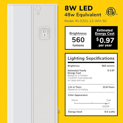 GETINLIGHT 18-inch Hardwired Only LED Under Cabinet Lighting, Daylight White(5000k), Dimmable, Matte White Finished, ETL Listed, IN-0201-12-WH-50