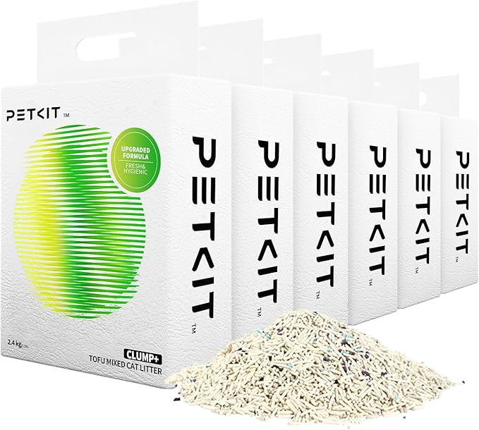 PETKIT Upgraded Clump+ Tofu Mixed Cat Litter, Water Flushable,Ultra Absorbent and Fast Drying, 100% Natural Ingredients Clumping Litter, Dust-Free Low Tracking Bentonite Litter (5.2lb×6bags)-Mewly Pet
