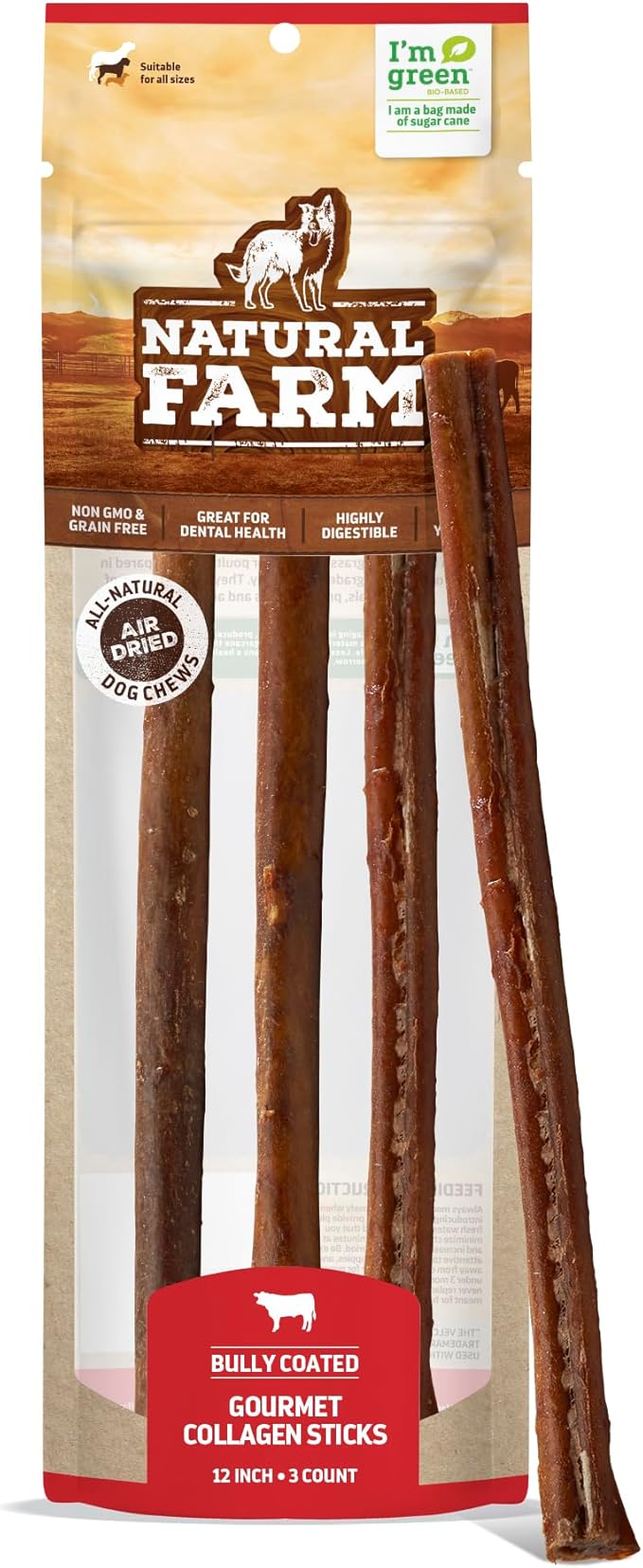Natural Farm Collagen Chews. 6 Inch, 10 Pack. Odor-Free Long Lasting Bully Sticks & Rawhide Alternative Dog Treats, 95% Collagen Low Fat, High Protein Best Dental Dog Treats – Medium & Large Dogs-Mewly Pet