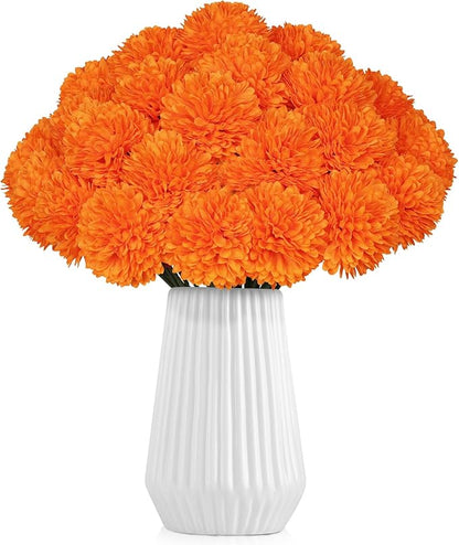 36 Pcs Artificial Chrysanthemums Flowers,Marigold Flower Fall Fake Flowers Orange Silk Mums Bouquet Decor Faux Ball Flowers for Autumn Day of Home Decor Indoor Wedding Table Centerpiece (Orange)