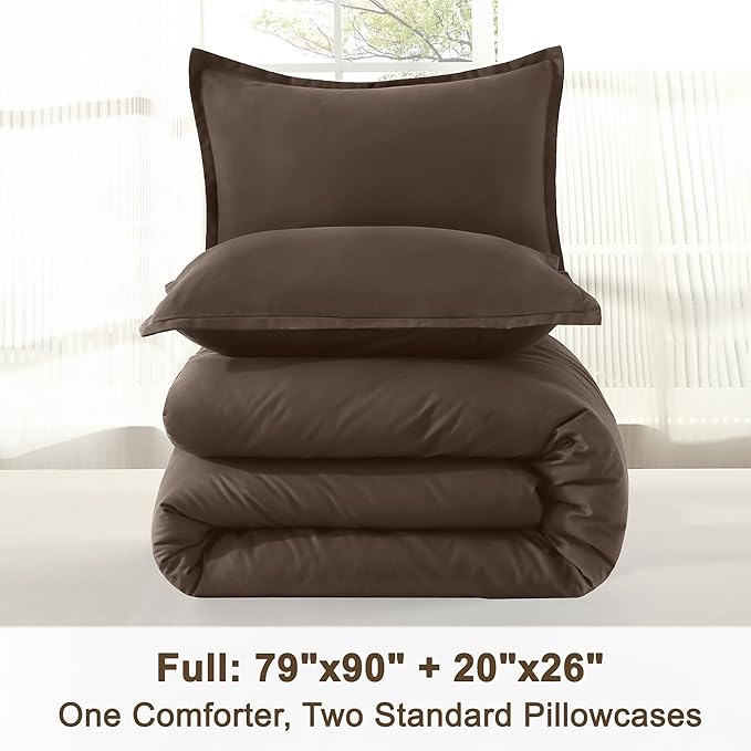 Litanika Comforters Full Size Chocolate, 3 Pieces Lightweight Solid Bedding Set & Collections, All Season Fluffy Bed Set (79x90 Inches Comforter & 2 Pillowcases)