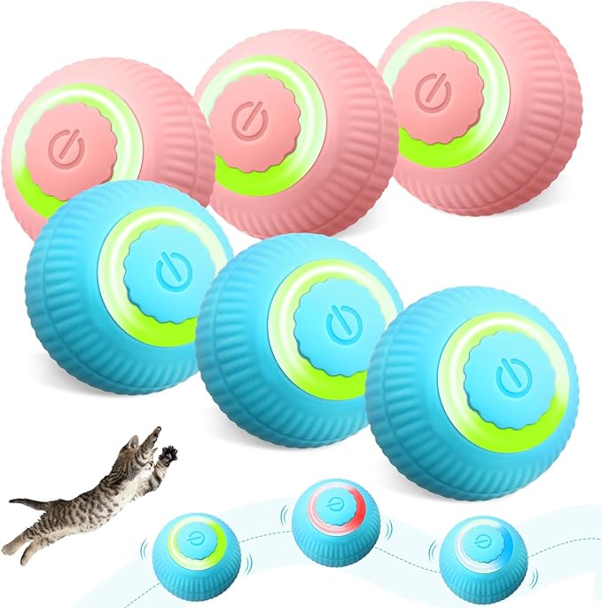 6 Pack Interactive Cat Ball Toy for Indoor Automatic Smart Rolling Ball with LED Light 2 Modes Electric Self Rolling Toy for Large and Small Puppy Kitten-Mewly Pet