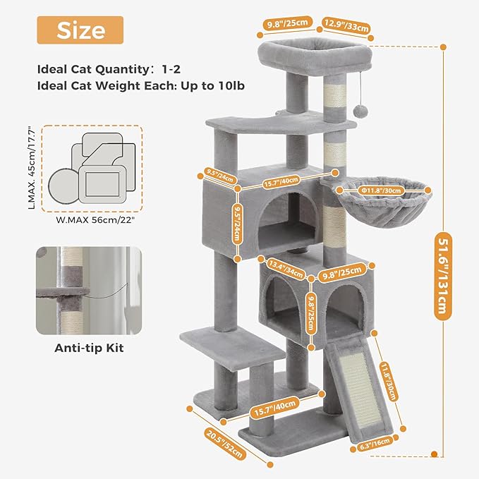 PAWZ Road Cat Tree, 51.6 Inches Cat Tower with Dual Condos, Spacious Perch, Cozy Basket and Sisal-Covered Scratching Posts for Indoor Cats- Gray-Mewly Pet