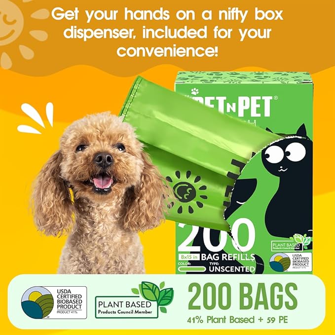Pet N Pet 200 Counts Unscented Dog Poop Bags Rolls with Tie Handles, 38% Plant Based & 62% PE Poop Bags for Dogs, Extra-Thick Doggie Poo Bag, Pet Waste Bag-Mewly Pet