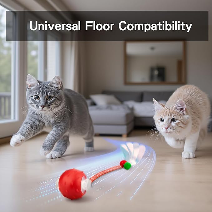 Interactive Cat Toys Ball for Indoor Cats, Automatic Agile Rolling Cat Ball with Elastic Mesh Tail, Bird Chirping & Motion Activated, 2 Tail Accessories, Kitten Toy for Bored (Red)-Mewly Pet