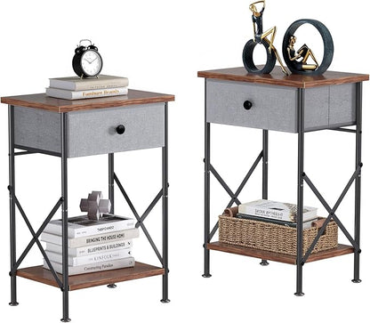 VECELO Nightstand with Drawer, Set of 2, Small Bedside Table with Storage and Adjustable Metal Legs, Wood End Table for Bedroom or Living Room, Perfect for Small Spaces and Modern Décor, Retro Brown