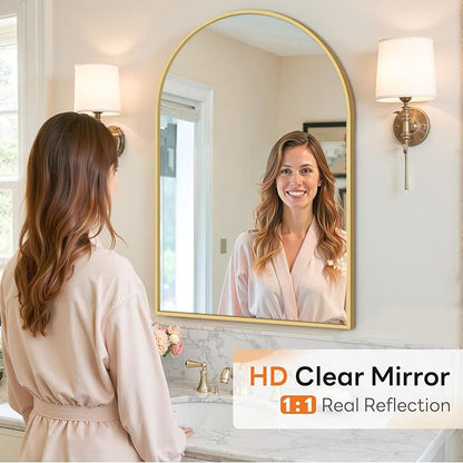 Sweetcrispy Arched Bathroom Mirror 36x25 Inch Gold Metal Framed Arch Vanity Mirror for Wall, Over Sink, Farmhouse, Restroom, Anti-Rust, Modern Decorative, Hanging or Leaning