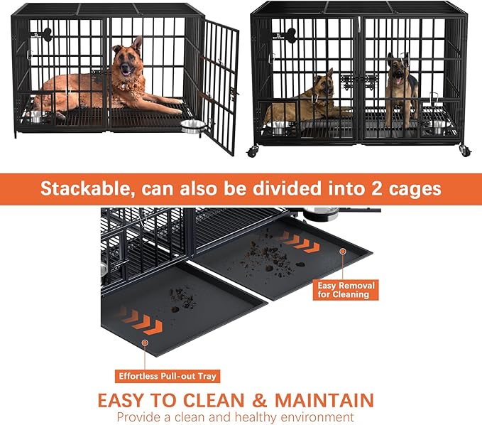 aboxoo 42 inch Stackable Heavy Duty Metal Dog Crate for 4 Dogs/Large Dog,All Metal Open Top Access,Escape Proof Cage,Dog Kennel Indoor with Wheels,Floor Grid, Tray, Divider and Feeding Bowl-Mewly Pet