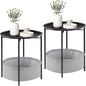VECELO Round Side/End Table with Fabric Storage Basket，Metal Anti-Rust and Waterproof Small Bedside Nightstand with Removable Tray Top for Living Room，Balcony & Laundry，Black /2pcs with Basket