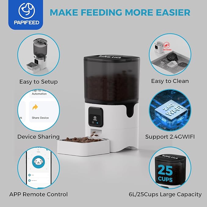 PAPIFEED Smart Automatic Cat Feeders: WiFi Pet Feeder with APP Control for Remote Feeding, Detachable for Easy Clean, Automatic Cat Food Dispenser with Alexa,1-10 Meals Per Day for Dog (6L/25Cup)-Mewly Pet