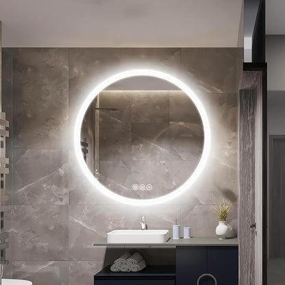Wall-Mounted LED Round Bathroom Mirror, Makeup Mirror (24 inches x 24 inches,) 3 Color Stepless Dimmable Memory Bathroom Vanity Mirror with Lights CRI90+ 3000-6400K Smart Mirror with Touch
