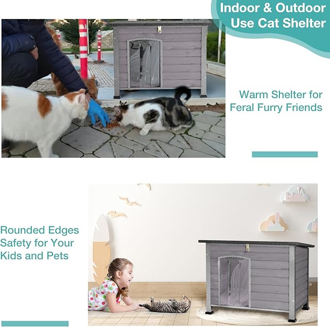 Indoor Outdoor Dog House,Anti-Chewing Iron Frame Dog Kennel,Wood Warm Pets Home,Weatherproof Outside Shelter for Feral Animal 33.5" (L) X 22" (W) X 25.2" (H) Grey-Mewly Pet