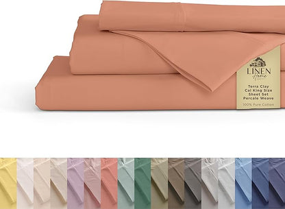 Linen Home 100% Cotton Percale Sheets California King Size, Tera Clay, Deep Pocket, 4 Pieces Set - 1 Flat, 1 Deep Pocket Fitted Sheet and 2 Pillowcases, Crisp Cool and Strong Bed Linen