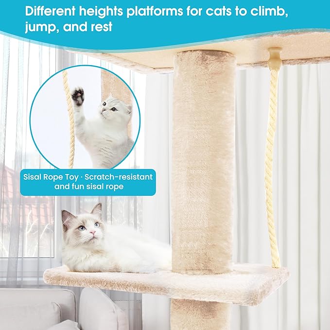 Cat Tree 5-Tier Floor to Ceiling, 89-109 Inch Adjustable Height Cat Tower with Cozy Hammock, Cat Climbing Tree for Indoor Cats, Beige-Mewly Pet