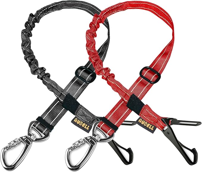 AUBELL Dog Seat Belt for Car,2 Pack Set 3-in-1 Adjustable Reflective Bungee Heavy Duty Dog Car Harness Tether with Clip Hook Latch & Buckle,Swivel Zinc Alloy Carabiner,Black+Red-Mewly Pet