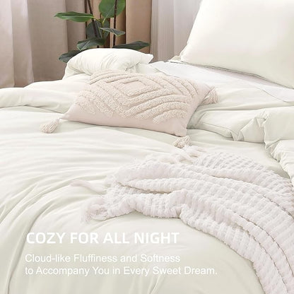 Litanika Comforters Ivory Oversized King Size, 3 Pieces Lightweight Solid Bedding Comforter Set, All Season Fluffy Bed Set (120x98In Comforter & 2 Pillowcases)